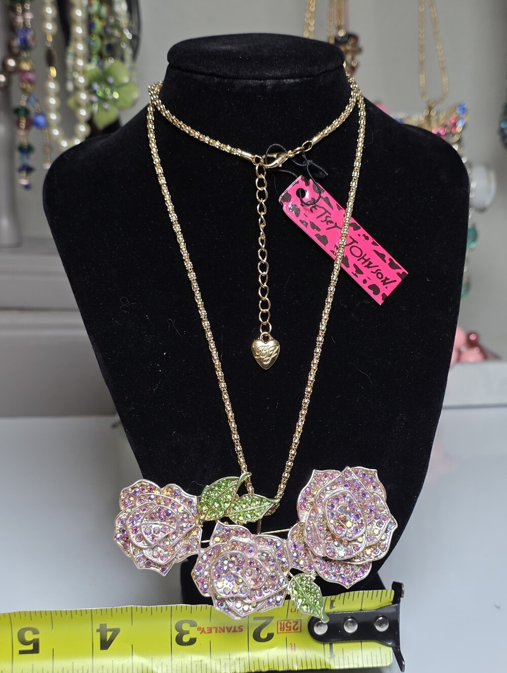 Betsey Johnson Large 4inch 3 Rose Rhinestone Statement Bib Brooch Necklace Nwt